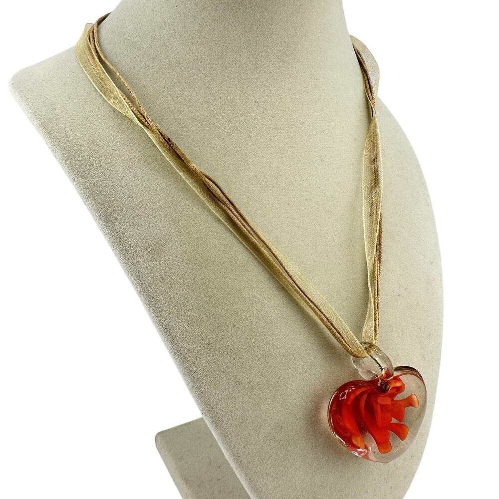 Handblown Lampwork Heart Red Orange Clear Glass Tan Ribbon Cord 18” Necklace